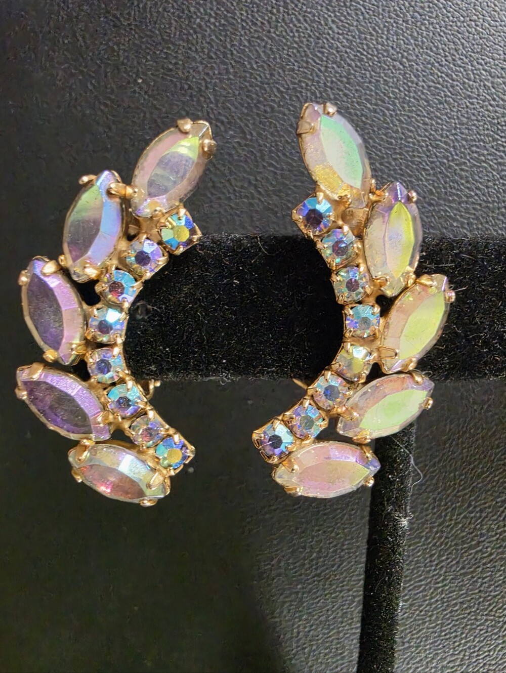 Vintage Aurora Borealis Crystal Leaf Ear Climberclip On Earrings